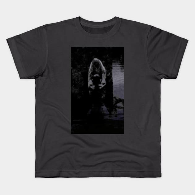 Digital collage, special processing. Strong guy, raised his hands, near big stone. Dark water, mystic. Black and blue, contrast. Kids T-Shirt by 234TeeUser234